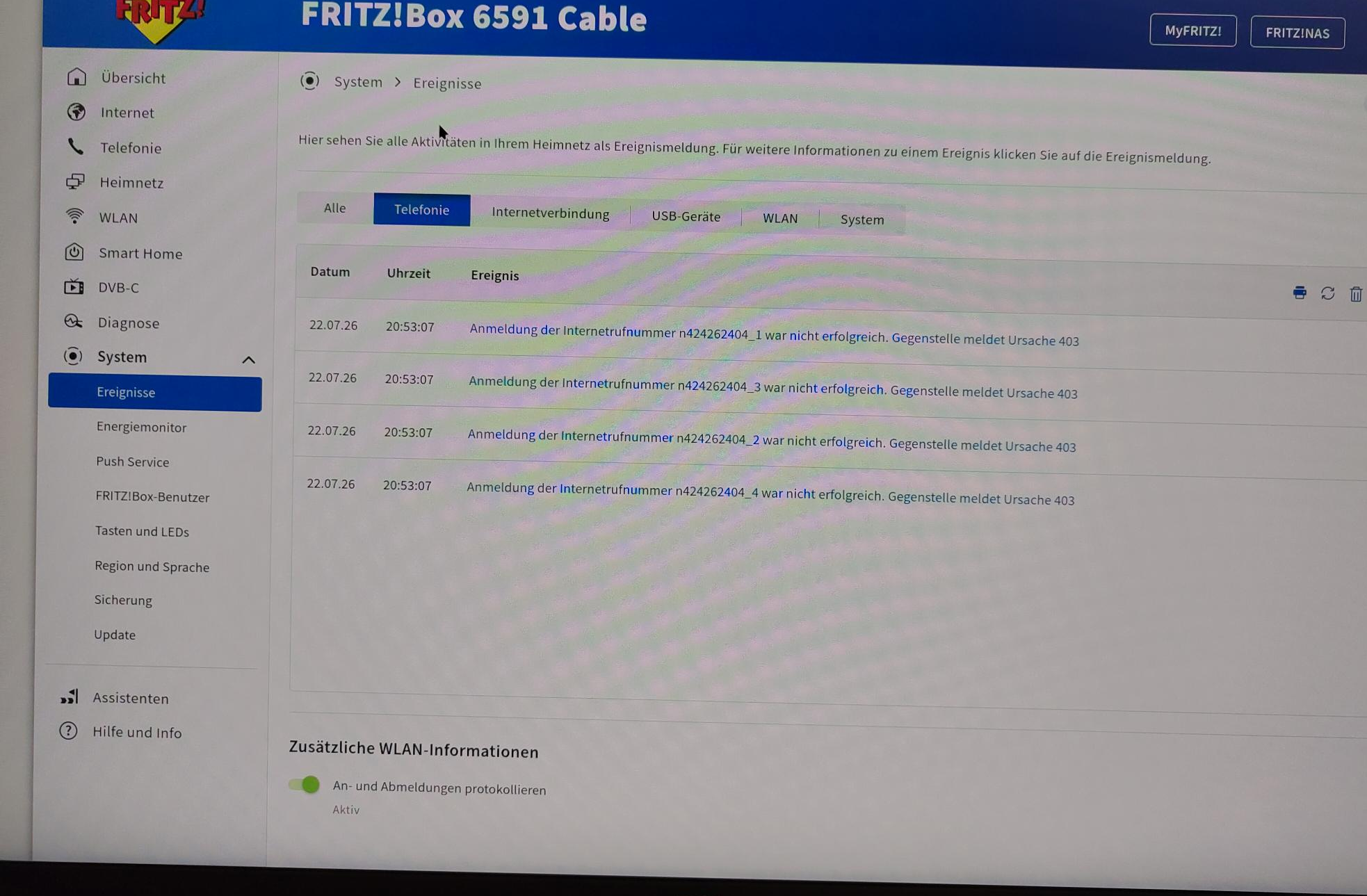 FRITZ!Box-Ereignisprotokoll mit fehlgeschlagener Anmeldung der Internetrufnummer und Ursache 403