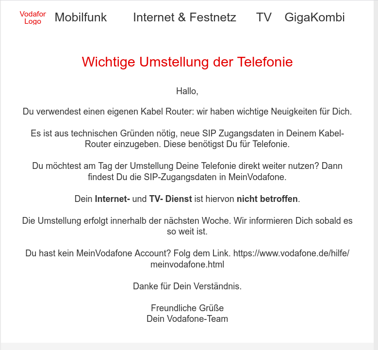 Vodafone-Mitteilung über neue SIP-Zugangsdaten für einen eigenen Kabelrouter